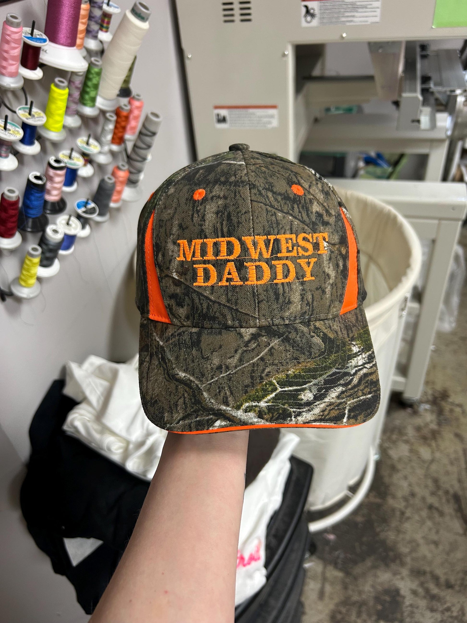 Midwest Daddy & Sapphic Custom embroidery Camo Neon Orange Trucker Hat