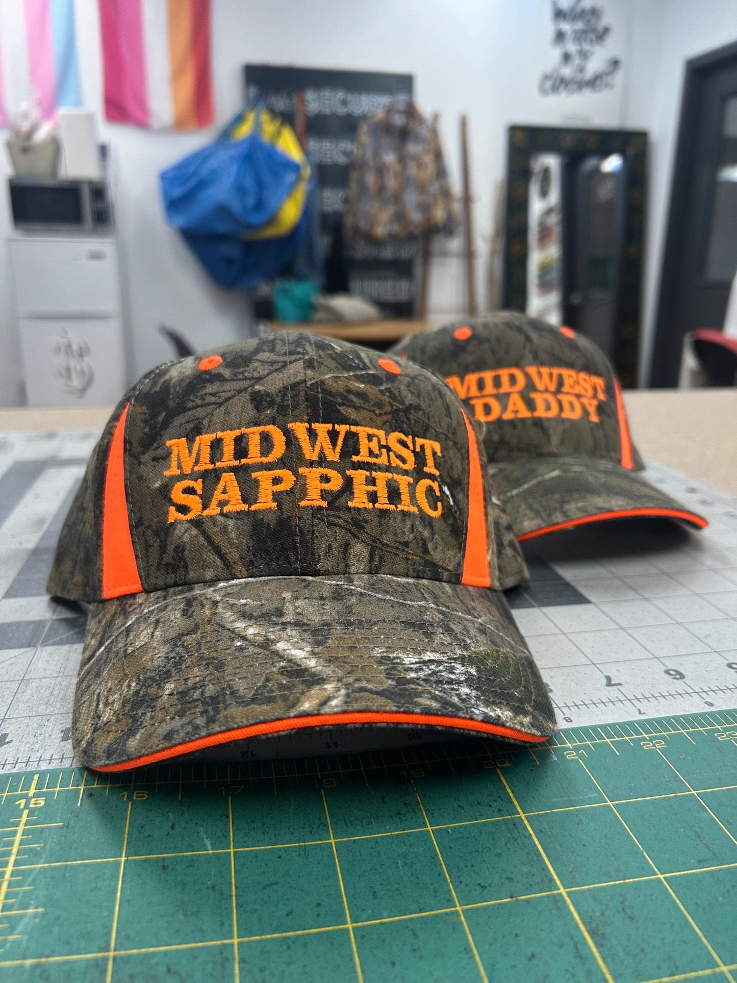 Midwest Daddy & Sapphic Custom embroidery Camo Neon Orange Trucker Hat