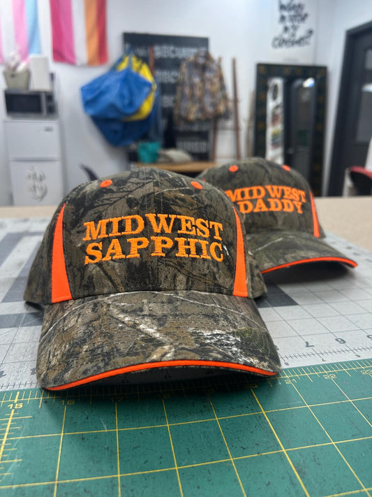 Midwest Daddy & Sapphic Custom embroidery Camo Neon Orange Trucker Hat
