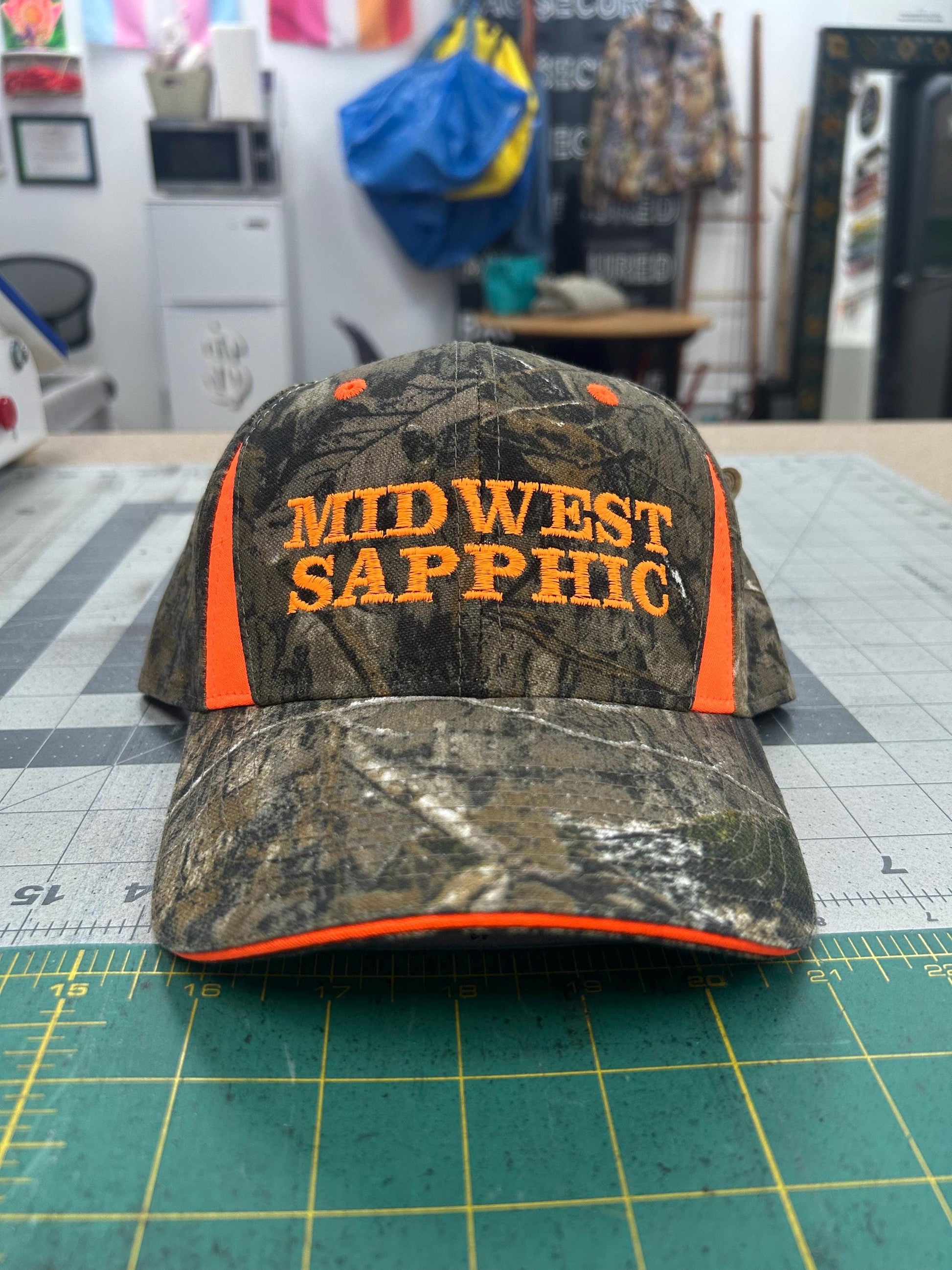Midwest Daddy & Sapphic Custom embroidery Camo Neon Orange Trucker Hat
