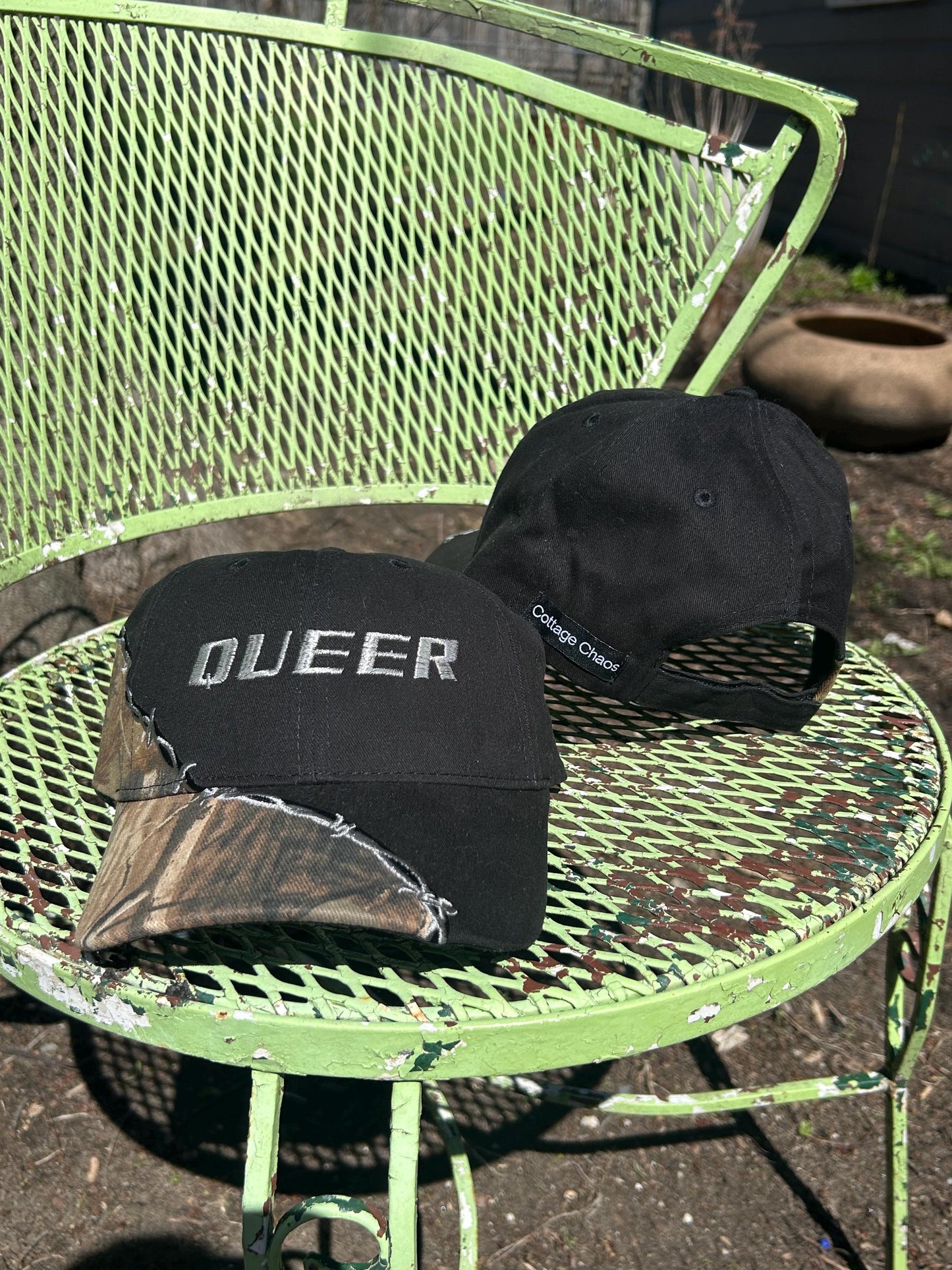 Custom embroidered barb wire camo trucker hat