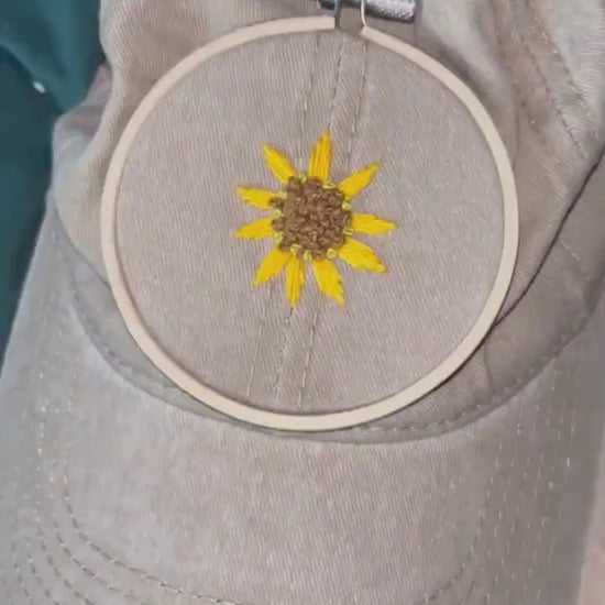 Sunny Sunflower Hand Embroidered Baseball Cap!