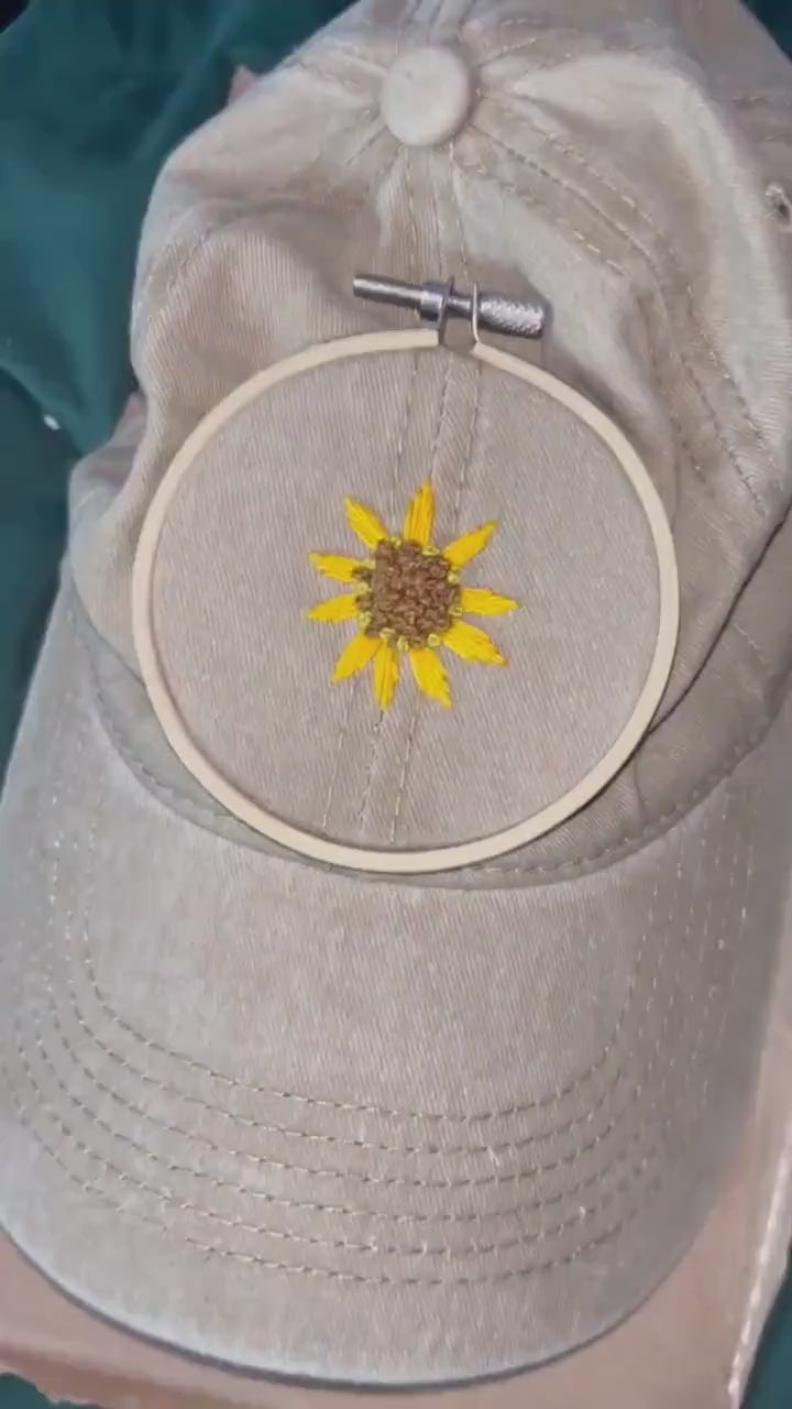 Sunny Sunflower Hand Embroidered Baseball Cap!