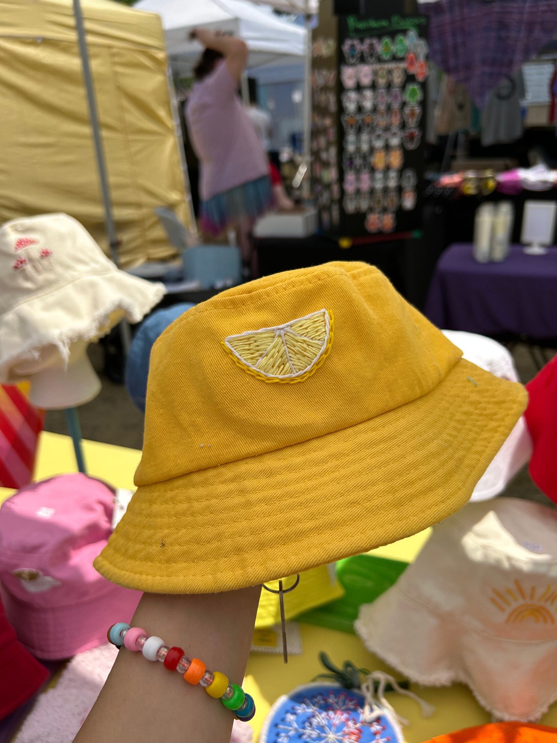Lemon bucket hat! Hand embroidered